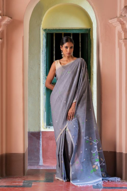 TICH Exclusive Soft Handwoven Bengal Cotton Jamdani Saree - Forest Tales