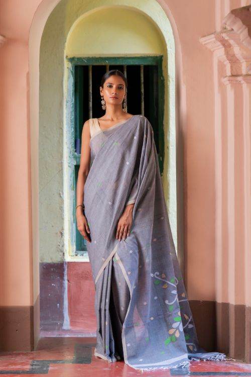 TICH Exclusive Soft Handwoven Bengal Cotton Jamdani Saree - Forest Tales