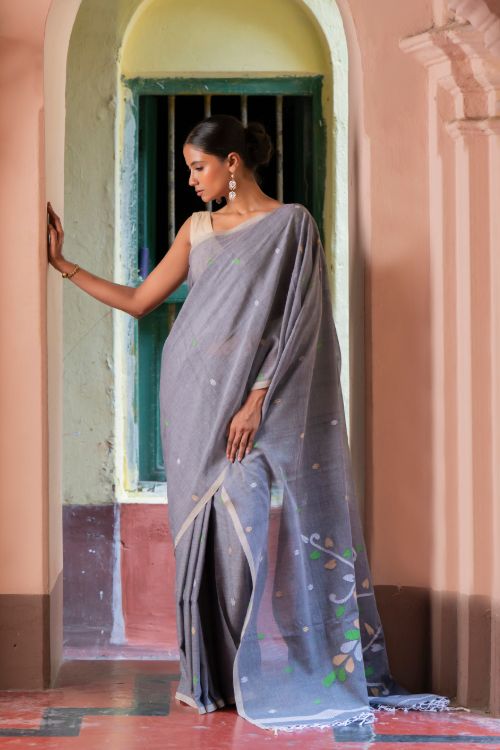 TICH Exclusive Soft Handwoven Bengal Cotton Jamdani Saree - Forest Tales