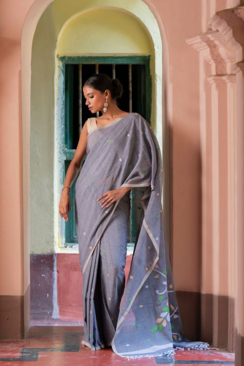 TICH Exclusive Soft Handwoven Bengal Cotton Jamdani Saree - Forest Tales