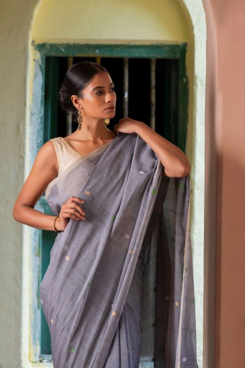 TICH Exclusive Soft Handwoven Bengal Cotton Jamdani Saree - Forest Tales