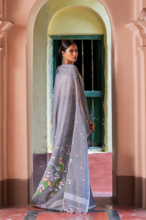 TICH Exclusive Soft Handwoven Bengal Cotton Jamdani Saree - Forest Tales