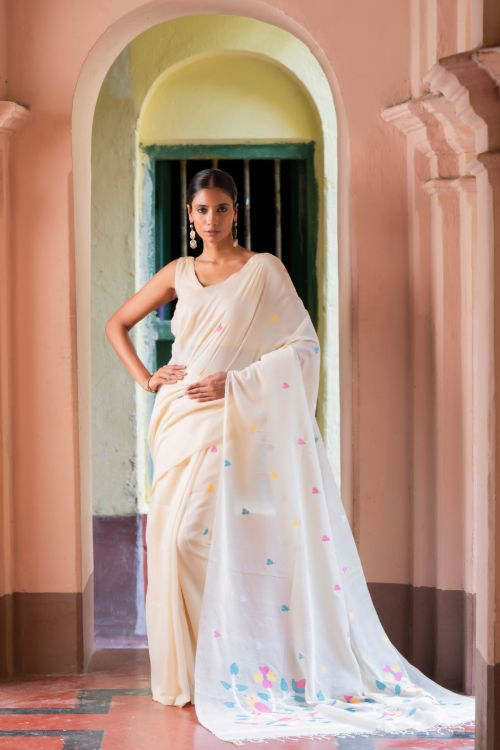 TICH Exclusive Soft Handwoven Bengal Cotton Jamdani Saree - White Flora