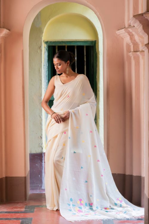 TICH Exclusive Soft Handwoven Bengal Cotton Jamdani Saree - White Flora