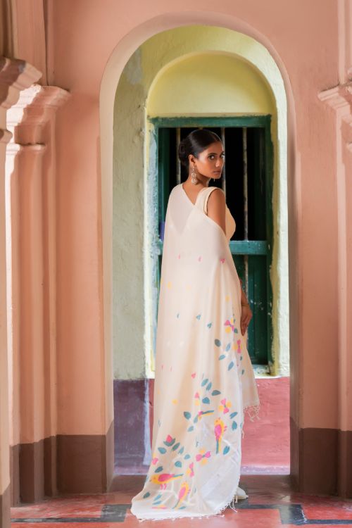 TICH Exclusive Soft Handwoven Bengal Cotton Jamdani Saree - White Flora