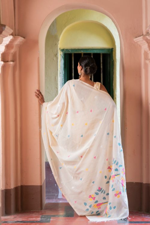 TICH Exclusive Soft Handwoven Bengal Cotton Jamdani Saree - White Flora
