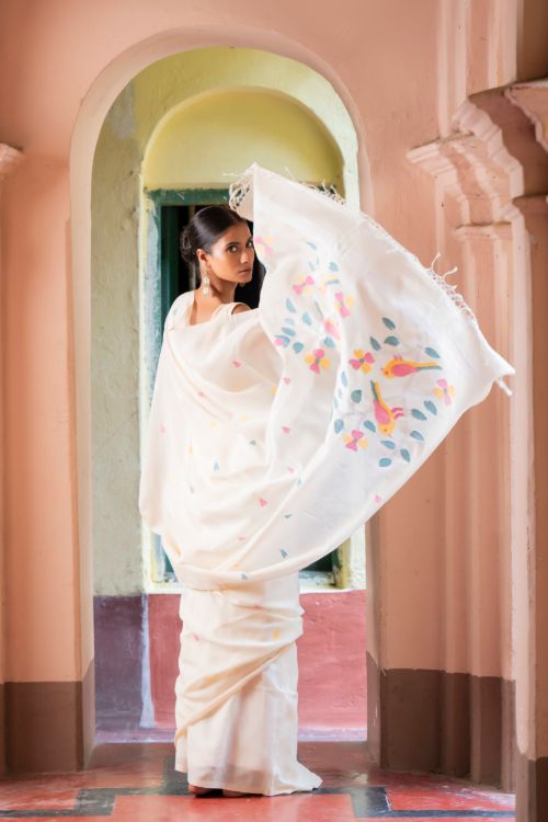 TICH Exclusive Soft Handwoven Bengal Cotton Jamdani Saree - White Flora
