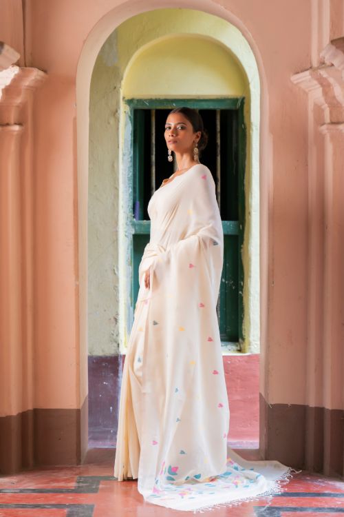 TICH Exclusive Soft Handwoven Bengal Cotton Jamdani Saree - White Flora