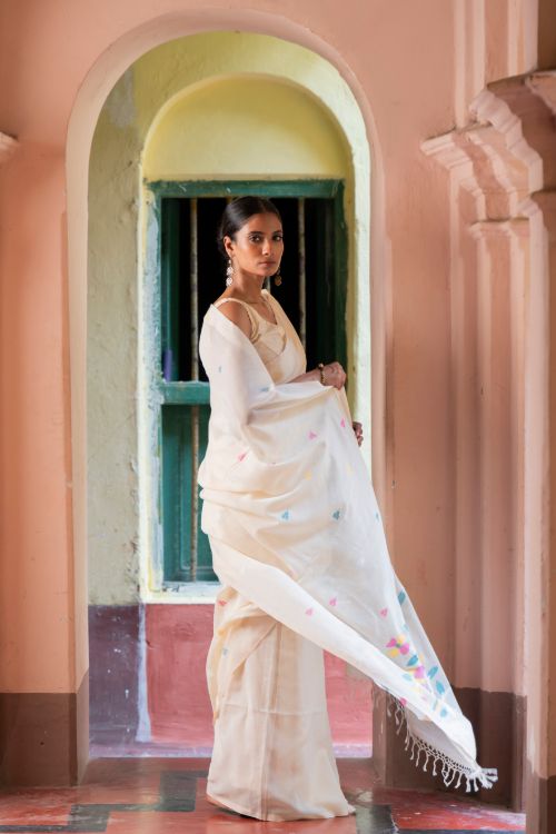TICH Exclusive Soft Handwoven Bengal Cotton Jamdani Saree - White Flora