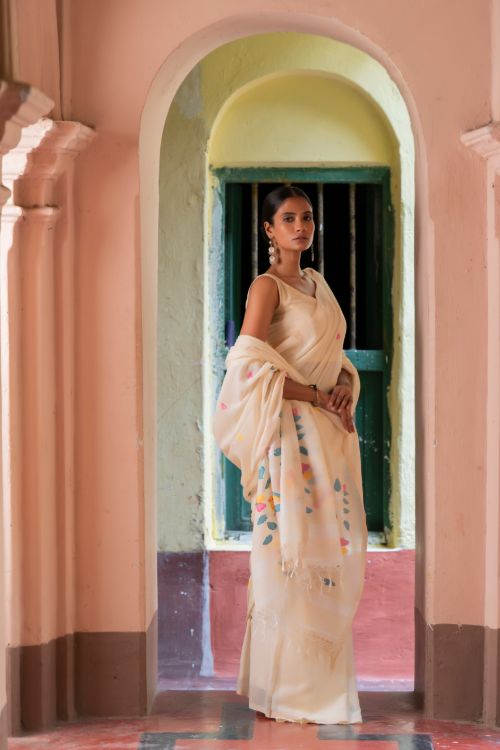 TICH Exclusive Soft Handwoven Bengal Cotton Jamdani Saree - White Flora