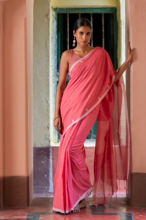 TICH Soft & Light. Handwoven Bengal Cotton Saree - Pink Elegance