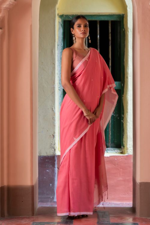 TICH Soft & Light. Handwoven Bengal Cotton Saree - Pink Elegance