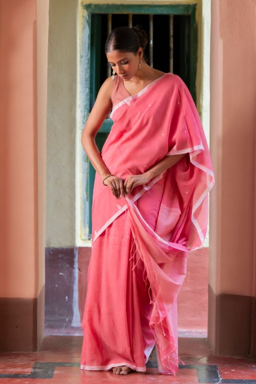 TICH Soft & Light. Handwoven Bengal Cotton Saree - Pink Elegance