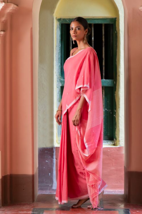 TICH Soft & Light. Handwoven Bengal Cotton Saree - Pink Elegance