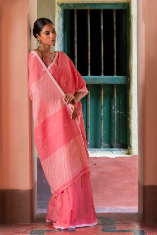 TICH Soft & Light. Handwoven Bengal Cotton Saree - Pink Elegance