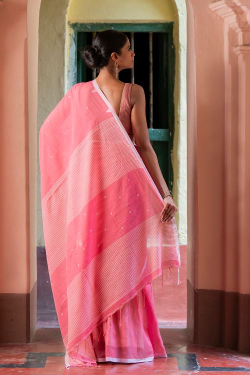 TICH Soft & Light. Handwoven Bengal Cotton Saree - Pink Elegance
