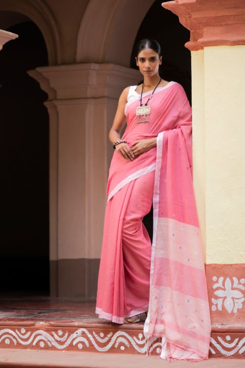 TICH Soft & Light. Handwoven Bengal Cotton Saree - Gulabsi