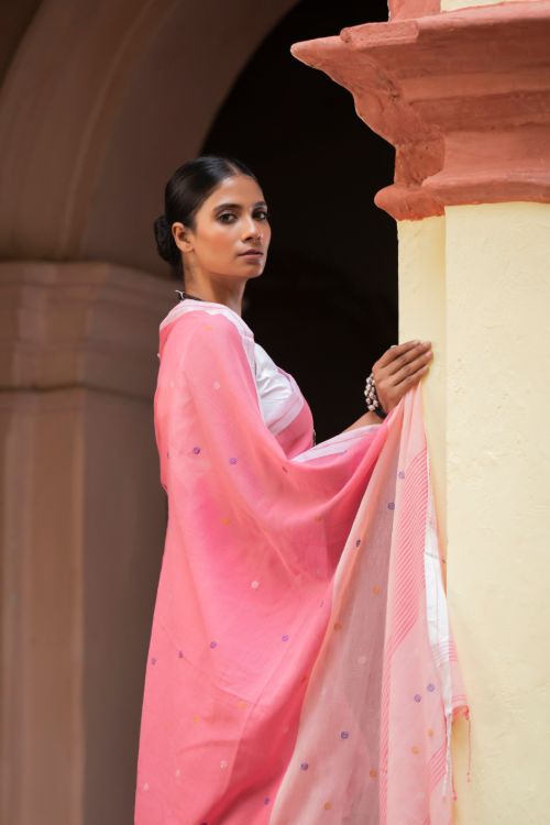 TICH Soft & Light. Handwoven Bengal Cotton Saree - Gulabsi