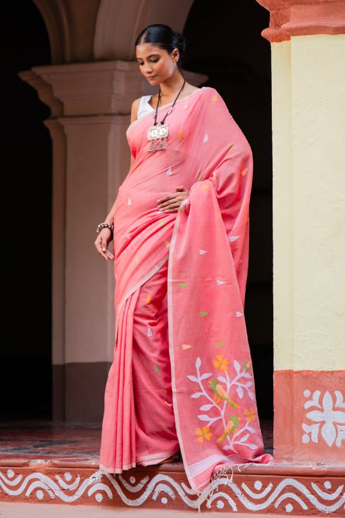 TICH Exclusive Soft Handwoven Bengal Cotton Jamdani Saree - Pakhipath