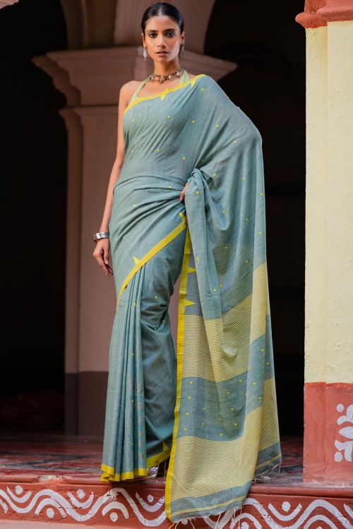 TICH Soft & Light. Handwoven Bengal Cotton Saree - Megh