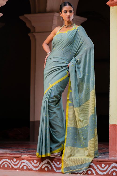 TICH Soft & Light. Handwoven Bengal Cotton Saree - Megh