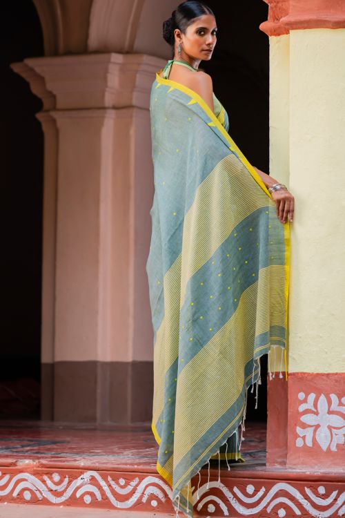 TICH Soft & Light. Handwoven Bengal Cotton Saree - Megh