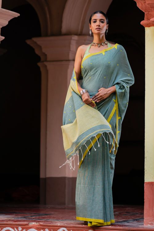 TICH Soft & Light. Handwoven Bengal Cotton Saree - Megh