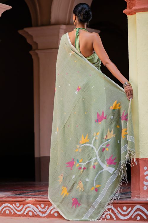 TICH Exclusive Soft Handwoven Bengal Cotton Jamdani Saree - Pakher Bhor