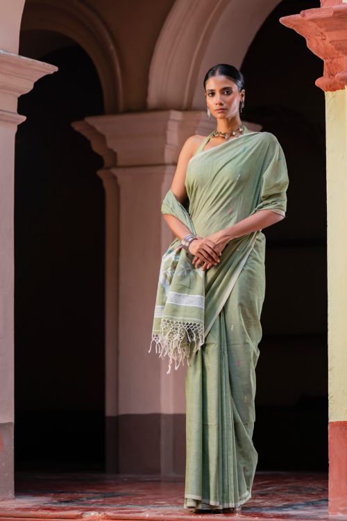 TICH Exclusive Soft Handwoven Bengal Cotton Jamdani Saree - Celadon Veil