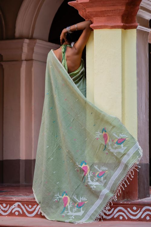 TICH Exclusive Soft Handwoven Bengal Cotton Jamdani Saree - Celadon Veil