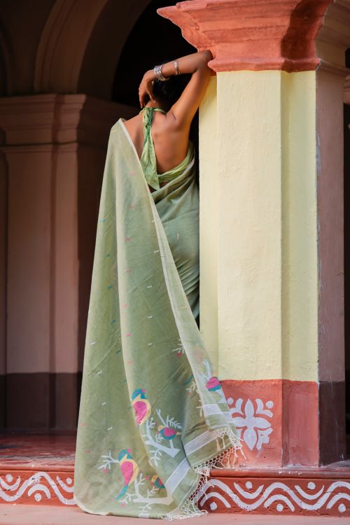 TICH Exclusive Soft Handwoven Bengal Cotton Jamdani Saree - Celadon Veil