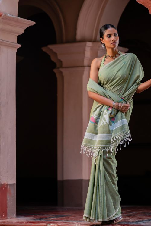 TICH Exclusive Soft Handwoven Bengal Cotton Jamdani Saree - Celadon Veil
