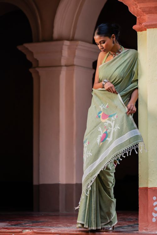 TICH Exclusive Soft Handwoven Bengal Cotton Jamdani Saree - Celadon Veil