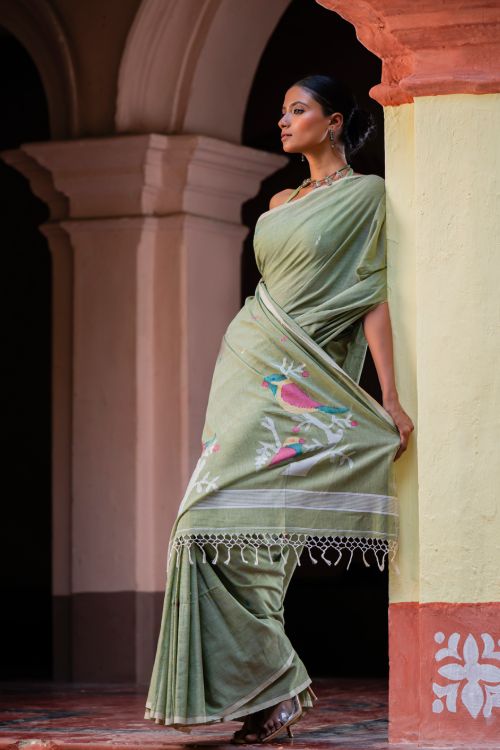 TICH Exclusive Soft Handwoven Bengal Cotton Jamdani Saree - Celadon Veil