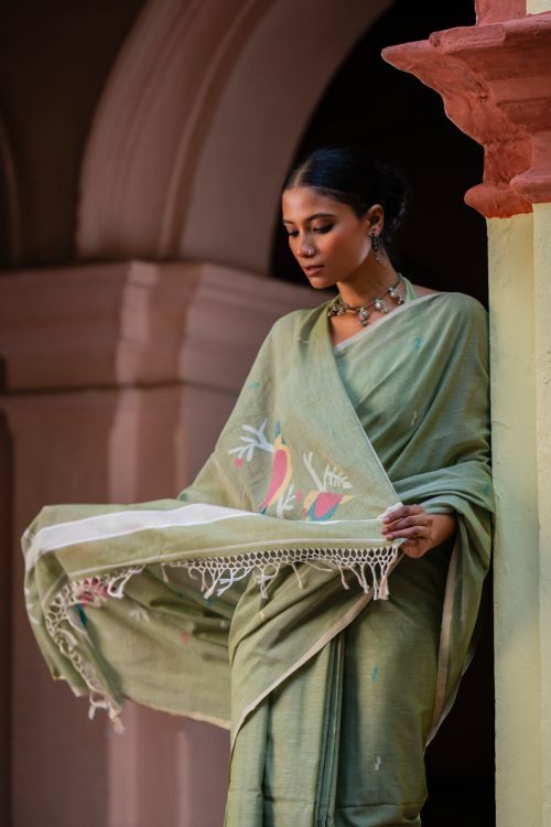 TICH Exclusive Soft Handwoven Bengal Cotton Jamdani Saree - Celadon Veil