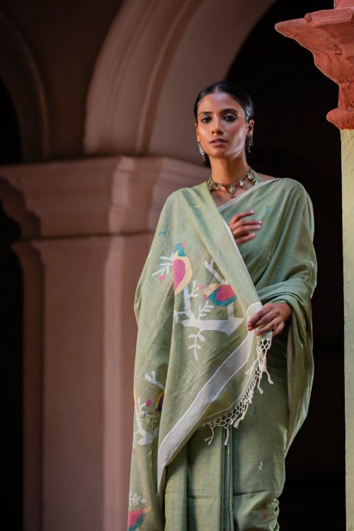 TICH Exclusive Soft Handwoven Bengal Cotton Jamdani Saree - Celadon Veil
