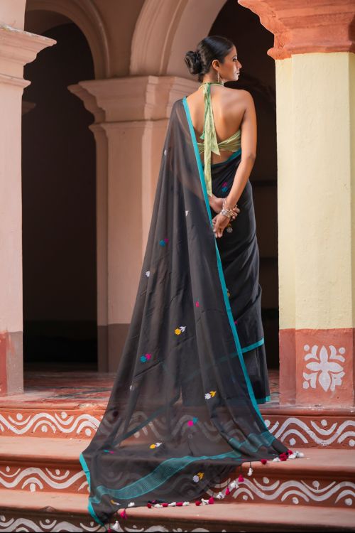 TICH Exclusive Soft Handwoven Bengal Cotton Jamdani Saree - Midnight Pixel