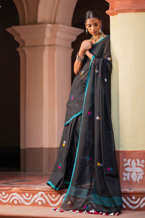 TICH Exclusive Soft Handwoven Bengal Cotton Jamdani Saree - Midnight Pixel