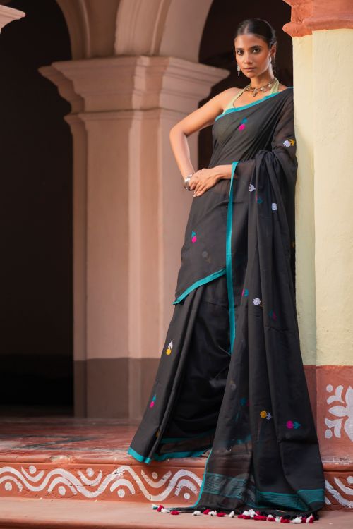 TICH Exclusive Soft Handwoven Bengal Cotton Jamdani Saree - Midnight Pixel