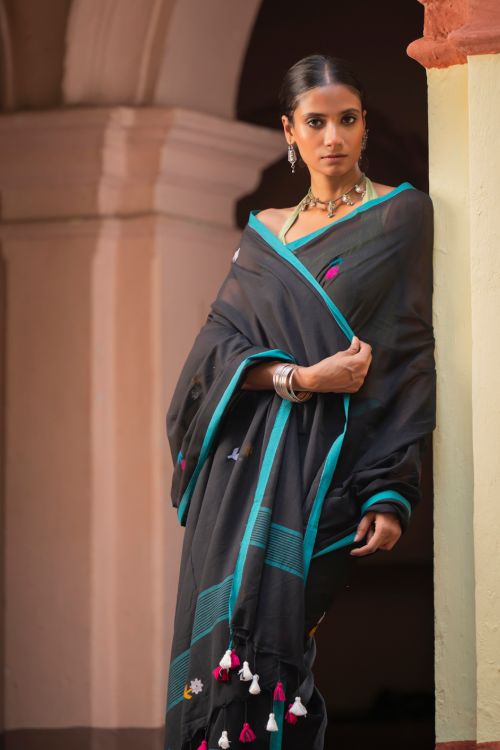 TICH Exclusive Soft Handwoven Bengal Cotton Jamdani Saree - Midnight Pixel
