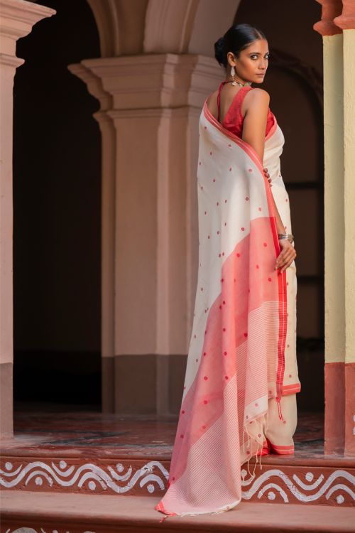 TICH Exclusive Soft Handwoven Bengal Cotton Jamdani Saree - Classic Dots