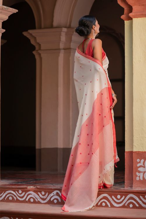 TICH Exclusive Soft Handwoven Bengal Cotton Jamdani Saree - Classic Dots