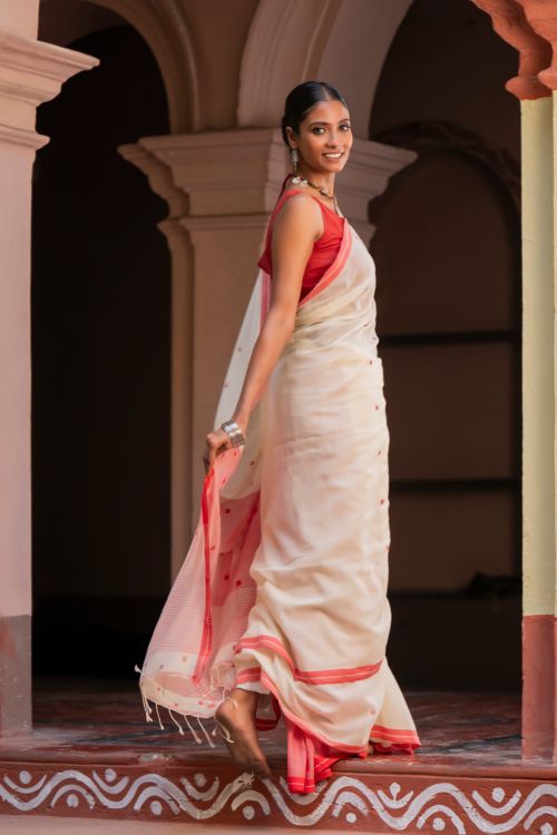 TICH Exclusive Soft Handwoven Bengal Cotton Jamdani Saree - Classic Dots