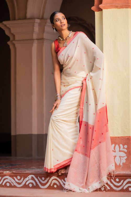 TICH Exclusive Soft Handwoven Bengal Cotton Jamdani Saree - Classic Dots