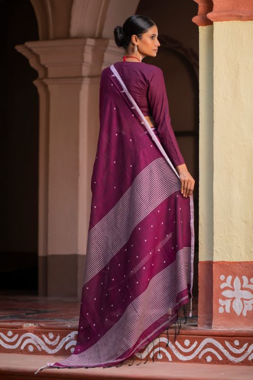 TICH Soft & Light. Handwoven Bengal Cotton Saree - Maroon Reverie