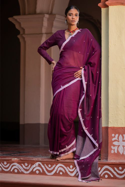 TICH Soft & Light. Handwoven Bengal Cotton Saree - Maroon Reverie