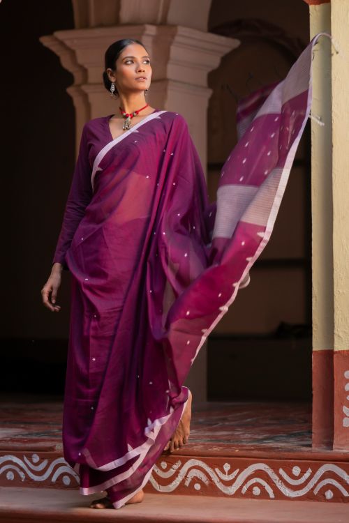 TICH Soft & Light. Handwoven Bengal Cotton Saree - Maroon Reverie