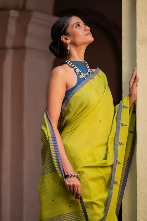 TICH Soft & Light. Handwoven Bengal Cotton Saree - Citrine Haze