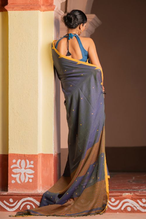 TICH Soft & Light. Handwoven Bengal Cotton Saree - Charcoal Mustard