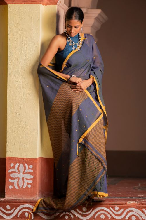 TICH Soft & Light. Handwoven Bengal Cotton Saree - Charcoal Mustard